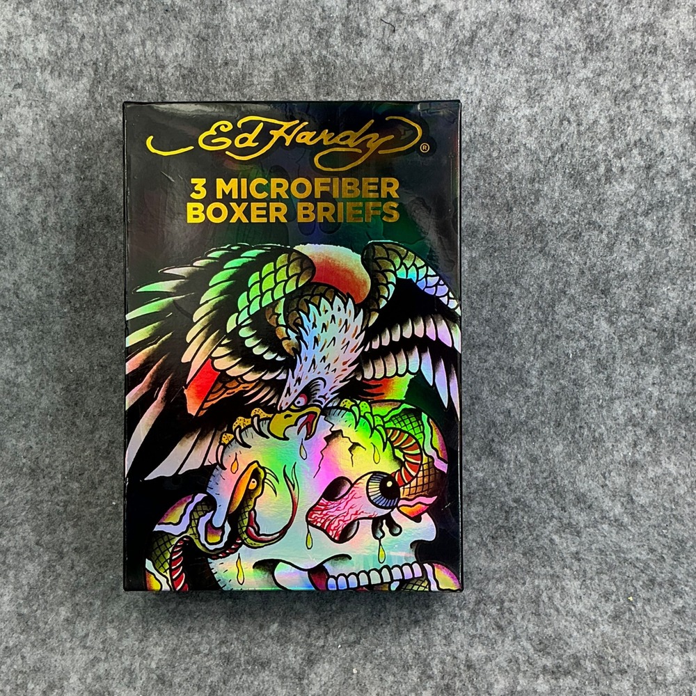 Ed Hardy Mens 3 Pack Microfiber Boxer Briefs Medium Camo Tattoo Skull New